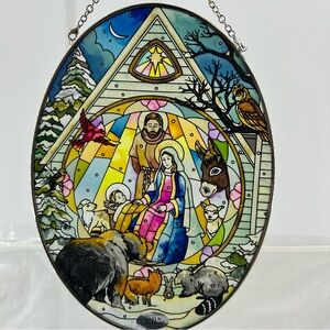 Oval Acrylic Hand‎ Painted Nativity Scene Suncatcher Or Hanging Ornament By Amia